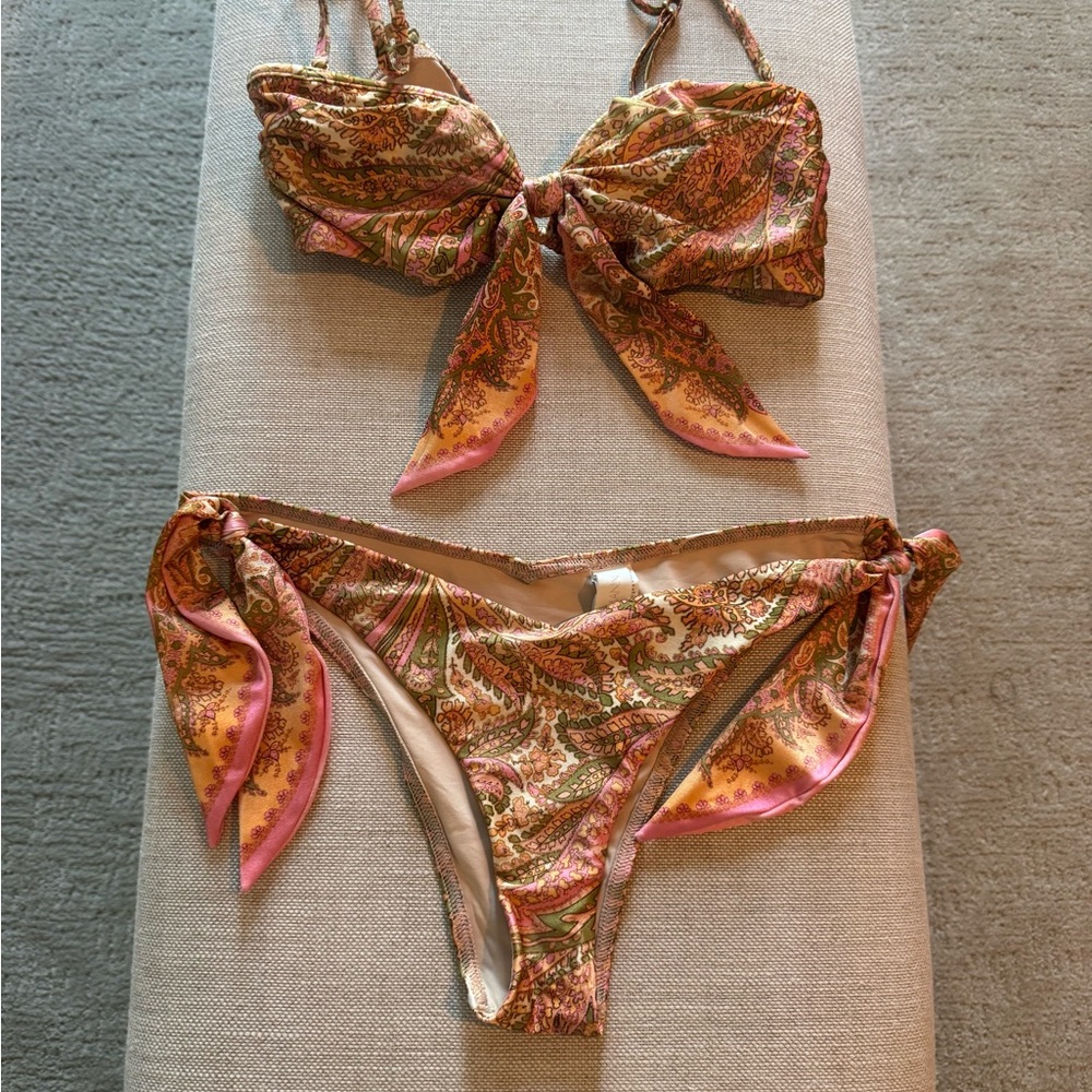 Zimmermann Pink & Gold Paisley Tie-Front Bikini Set-  top size 3, bottom size 2